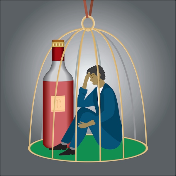 An illustration of a person in a cage with a bottle of acohol
